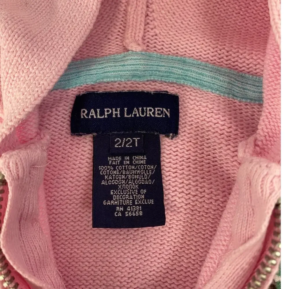 Ralph Lauren Girls 2T Pink Cotton Knit Zip Up Big Pony Hoodie Sweater Cardigan